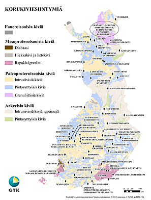 Suomen huomattavimmat korukiviesiintymät. Ympyröidyt korukivet Pohjois-Suomessa ovat löytyneet kullanhuuhdonnan yhteydessä, ja niiden lähde ei ole tarkasti määriteltävissä.